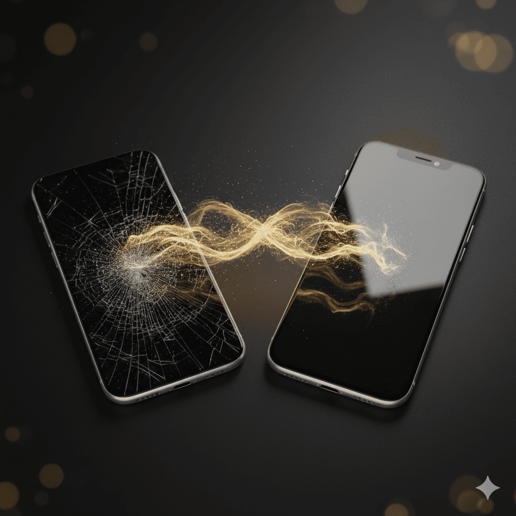 Cracked iPhone transforming into a like-new iPhone